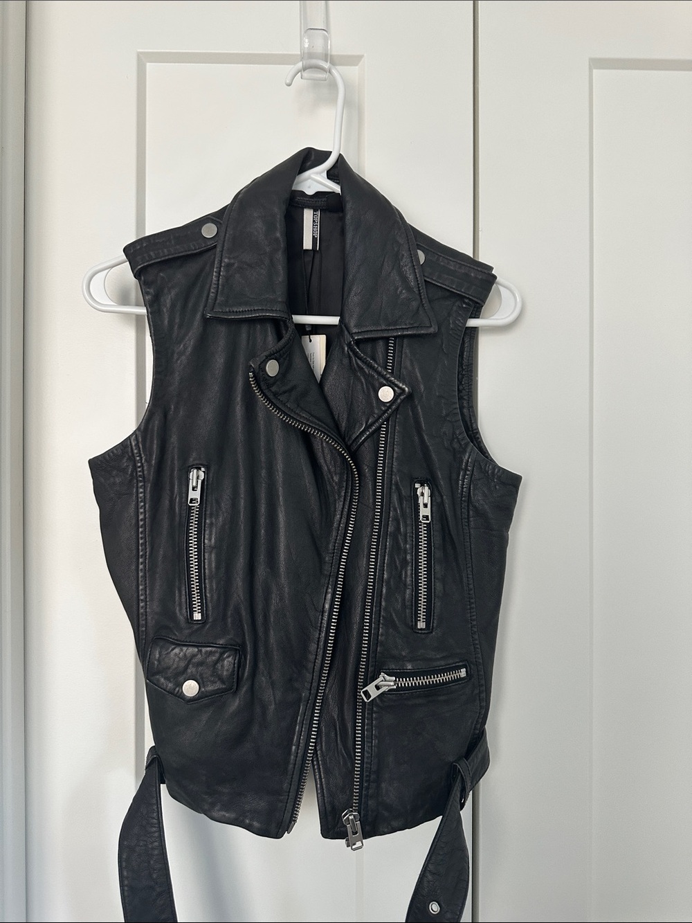 Topshop Black Leather Biker Vest with Zip Details